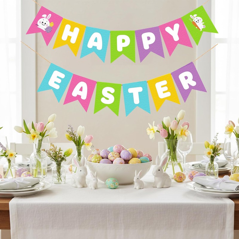 Adurself Happy Easter Burlap Look Fabric Banner, Pre-Assembled Canvas “HAPPY