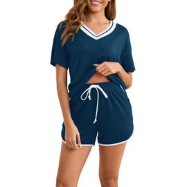 Becotal Women's Short Pyjamas Summer Shorty Sleepwear Cotton Loungewear Outfit V-Neck Leisure Suit Two Piece Set Women Pyjamas Short Sleeve, blue