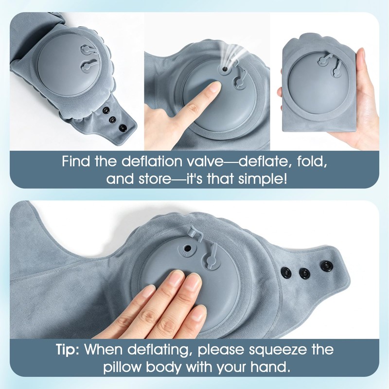 Inflatable Neck Pillow, U-Shaped Travel Pillow with Adjustable Snap Grey