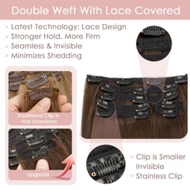 Silk-co Clip in Hair Extensions Real Human Hair Remy Double Weft With Lace Coverd Clip in Silky Straight Natural Thick Hair Seamless 7pcs 16Clips 85g 10Inch #02 Dark Brown