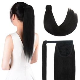 16 Inch Human Hair Ponytail 80g Long Wrap Around Ponytail Natural Black Real Hair Ponytail Extension for Women(16inch,Natural Black)