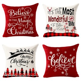 FELENIW Set of 4 Merry Christmas Believe Reindeer Tree Best Gift Square Pillowcase Decorative Throw Pillow Cover Cushion Case Cotton Linen Material 18" x18'' (Beige&Red)