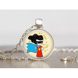 Fashion Jewelry SUPER MOM GIRL HERO FUNNY Pendant Charm GERMAN Silver 20" Necklace Women Gift