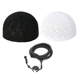 Ylucky 2PC Muslim Kufi Hats with Handicraft Taqiyah Islamic Prayer Beanie Skull Cap Tasbih Beads Embroidery Kofia Topi Hat
