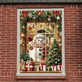 Saoplasa Christmas Party Banner 47x31 Inch Snowman Window Cover Holiday Decor Frosted Pane Scene with Christmas Trees and Gifts for Home Classroom Office Xmas Party Display