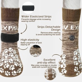 EXPAWLORER Dog Socks Non-Slip on Both Sides - Soft and Elastic Injury Paw Protection with Adjustable Straps, Better Traction Control for Indoor Use on Wooden Floor, Brown XS
