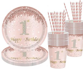 YRsorn Decoration 1st Birthday Girl Party Tableware Set - Paper Plates First Birthday Decoration 1 Year Girl for 20 Guests