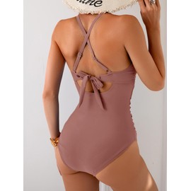 B2prity Women's One Piece Swimsuits Tummy Control Front Cross Bathing Suits Tie Back Slimming V Neck Swimwear Cameo Brown