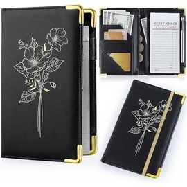 Server Books for Waitress, PU Leather Server Book with Zipper Pockets, Flower Pattern Waitress Book with Pen Holder Fit Server Apron Check Presenters for Restaurants - Color: Black