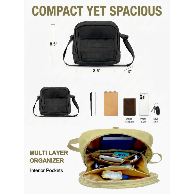 Small Tactical Messenger Bag for Men, 8.5" Shoulder Sling Waist