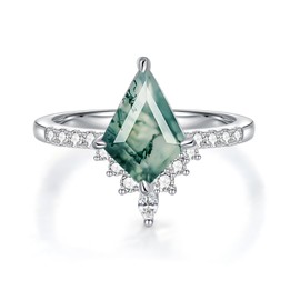 Luyona Natural Moss Agate Ring for Women 925 Sterling Silver Moss Agate Engagement Ring Kite Cut Moss Agate Promise Wedding Ring Set for Mother Valentine's Days Gift, Size 9, Agate