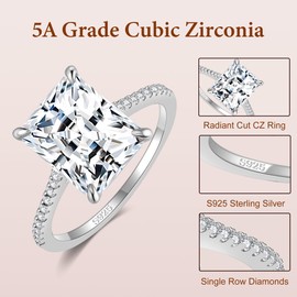 BAGUTTA PAVONE 4CT 925 Sterling Silver Radiant Cut Cubic Zirconia Engagement Rings for Women with 18K White Gold Plated, Solitaire CZ Engagement Promise Ring for Women Wedding Bands for Her Size7