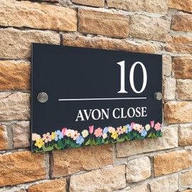 Badgemaster Floral Modern Anthracite House Number Sign Plaque Stainless Steel Standoffs 20cm x 13cm Flower Border Bottom