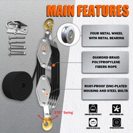 YATOINTO Rope Hoist Pulley System, 4400LB Block and Tackle Pulley System, 8:1 Lifting Power 65ft, Pulley Block for Lifting Loading Pulling with 1 Swing Hanger 2 Screws 2 Expansion Bolts