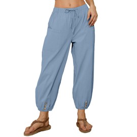 Women Capri Pants Casual Drawstring Elastic High Waist Baggy Wide Leg Cropped Pants Trousers for Ladies Summer（S-3XL） Lightblue