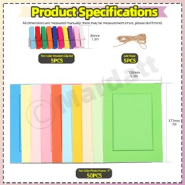 Mardatt 105pcs Colorful Paper Picture Frames Set Includes 7" Hanging Photo Frames with Mini Wooden Clips and Ropes for Home School Wedding Office Decor