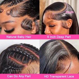 AUOU 13x6 Straight Lace Front Wigs Human Hair 32 Inch HD Transparent Lace Frontal Wigs Straight Human Hair Wig for Women 200% Density Glueless Wigs Human Hair Pre Plucked with Baby Hair Natural Black