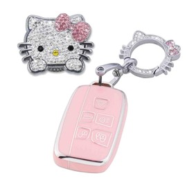 Pangpai Pink Car Accessories 3 Pcs for Land Rover Evoque Velar Sport Discovery Freelander2 LR4 Sport Jaguar XF XJ XE F-PACE F-TYPE Key Fob Cover with Bling Keychain Cute Push to Start Button Cover