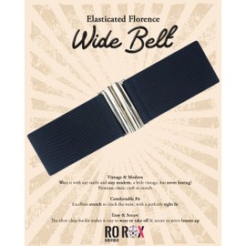 Ro Rox Florence Vintage Belt | Elasticated Belt For Women | Retro Wide Belt | Nurse 50's Style Belt | Belt With Stretch | Ladies Belts For Dresses With Silver Buckle, Navy Blue, M