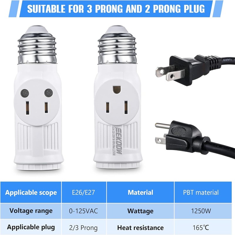 Feekoon 3 Pcs Light Socket to Plug Adapter, E26 Lamp