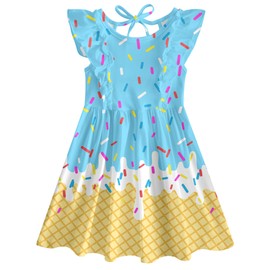 Little Girls Summer Dress Toddler 5T 6T Dresses Ice Cream Sleeveless Ruffle Swing Sundress Girl Kids Tie Back Doughnut Playwear Outfit for Beach
