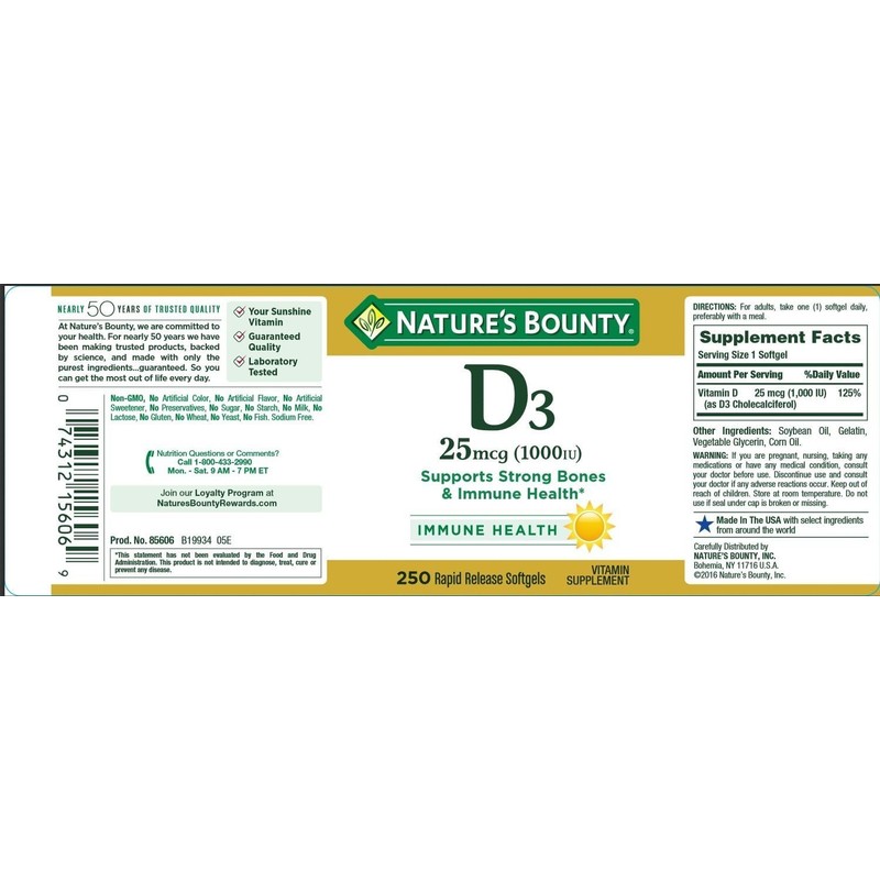 Nature's Bounty Vitamin D3-1000 IU, Rapid Release Softgels 250 ea