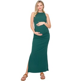 My Bump Women's Tank Ribbed Casual Comfortable Maternity Pregnancy Long Dress W/Side Slit(Made in USA) (H.Green, XL)