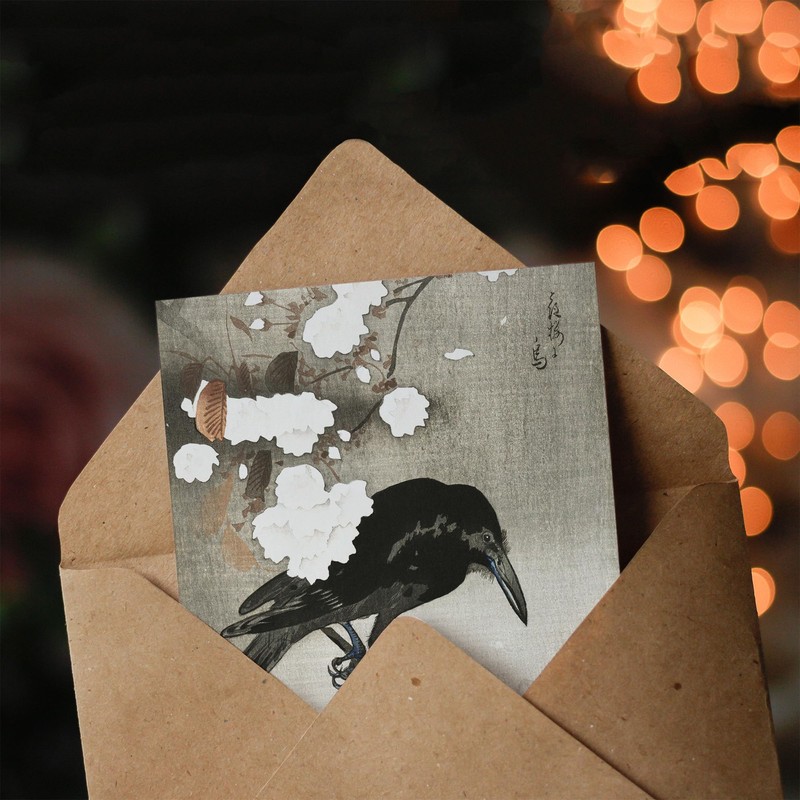 Artery8 Ohara Koson Japanese Art Card Crow With Cherry Blossom