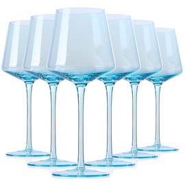 Light Blue Wine Glasses Set 6-16oz Modern Blue Wine Glasses With Tall Long Stem and Flat Bottom,Unique Blue Wine Stemware for Birthday Wedding Bridal Shower