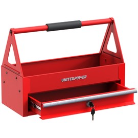 UNITEDPOWER Handy Tool Box With 1 Drawer，Portable Metal Tote Tray with comfortable grip handle, Tool Organization for Household, Warehouse, Repair Shop, Red
