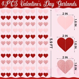 88 Glitter Hearts Valentines Decorations, 4PCS Valentines Day Garland, 5.9 FT Valentines Garland, Vertical Paper Valentines Day Banner Red Pink Heart Banner for Weddings Birthdays Anniversary