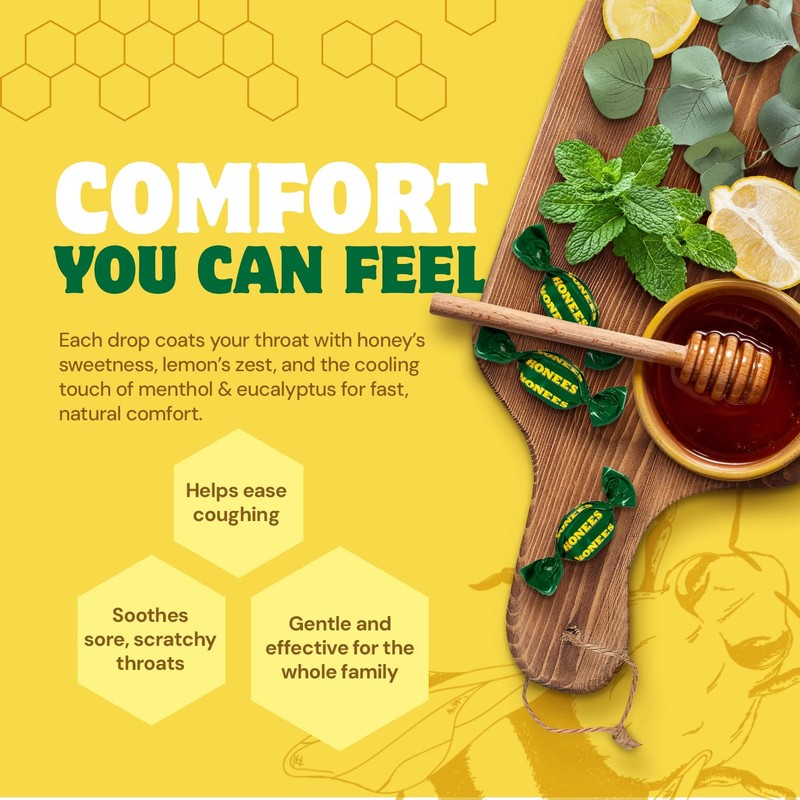 Honees Filled Honey Lemon Cough Drops- Filled with Honey, Menthol,