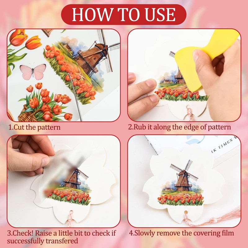 WANDIC 6 Pcs Tulips Rub On Transfer Sticker,Spring Scenery Stickers