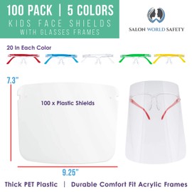 TCP Global Salon World Safety 100 Kids Face Shields with Glasses Frames (20 Packs of 5) - 5 Colors, 20 Each - Protective Children's Full Face Shields to Protect Eyes Nose Mouth - Anti-Fog PET Plastic