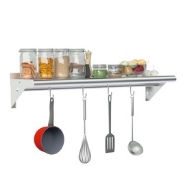 Treshin Stainless Steel Shelf with 4 Hooks 12 x 36 Inches, Commercial Wall Mount Floating Shelving Storage Pot Rack for Restaurant, Kitchen, Home, Bar and Hotel