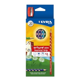 LYRA Groove Slim Wooden Colouring Pencils, 12 Pieces in Assorted Colours with Sharpener, Ideal for Children and Schools