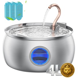 Tomxcute Stainless Steel Cat Water Fountain - 4.0L/135oz Copper Gooseneck - Ultra-Quiet Cat Fountains for Drinking - Dishwasher Safe - Indoor Pet Fountain for Cats, Terriers, Multiple Pets