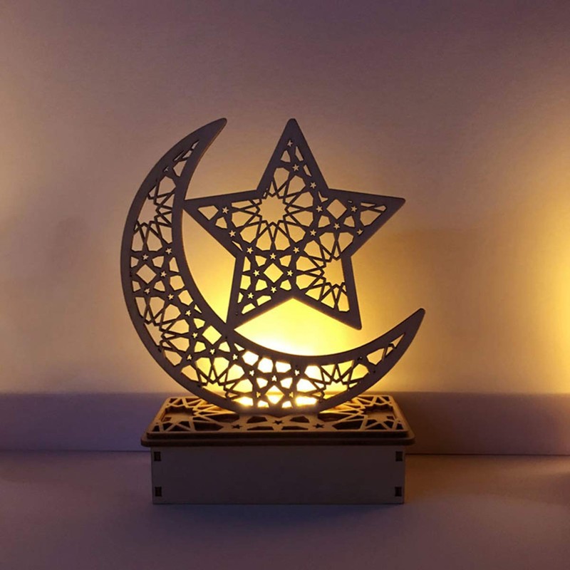 Mobestech 3PCS Ramadan Mubarak Eid Decorations Wooden Moon Star Lights