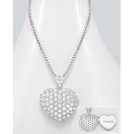 Sterling Solid Sterling Silver CZ Puffed Heart Locket Pendant Necklace 14.01g 17.5"-20.5"