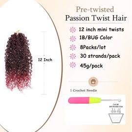 XGY Hair 12 Inch Yanky Twist Crochet Hair Pre Looped Ombre Burgundy Yankee Twist Crochet Hair Short Mini Two Strands Twist Hair for Black Women Micro Burgundy Passion Twist Crochet Hair (1B/BUG)