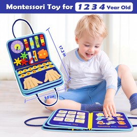 MAJAVI Busy Book for Toddlers 1-3, Montessori Toys Busy Board for 1 2 3 4 Year Old Boy Girl Birthday Gift - 5 in 1 Quiet Activity Book with Life Skills, Cognition, Sorting, Matching, Blue