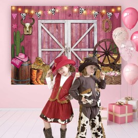 Western Pink Barn Background for Photography - Retro Rustic Farm Wooden House Banner - Cowgirl Baby Shower Birthday Party Supplies (7X5FT)