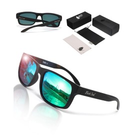 Black Sail Eyewear – Square Frame UV400 Polarized Sunglasses with Mirrored Lenses, Women & Mens Sunglasses Polarized with 7 lens layers - Includes 2 Cases & Cloth (Green Mirror)