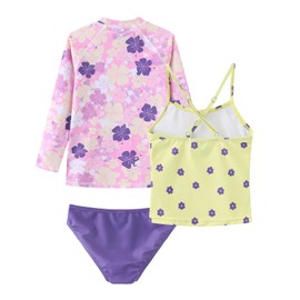 Girls 3 Piece Rash Guard Swimsuits Set Tankini Bathing Suits for Girls Long Sleeve Beach Swimwear Florals Purple Size 8/7-8