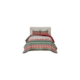 HomeStock Rustic Recluse 105" x 95" 3pc King Quilt Set Red Green Velvet Back with Christmas Pattern Reversible Velvet Underside for Cozy Comfort