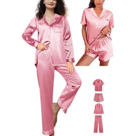 WJing Yi Jia 4Pcs Womens Silk Satin Pajama Sets Floral Pajamas Silky Pj Sets XS-2XL Button Down Pjs Set Loungewear Sleepwear Dusty Rose