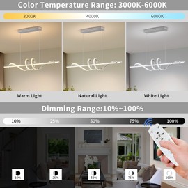 LannlKer Modern Pendant Light Kitchen Island 47in Dimmable Hanging Lamp 3000k-6000K Adjustable Warm/Nautral/White with Remote Control, Kitchen Island Lighting Chrome Silver