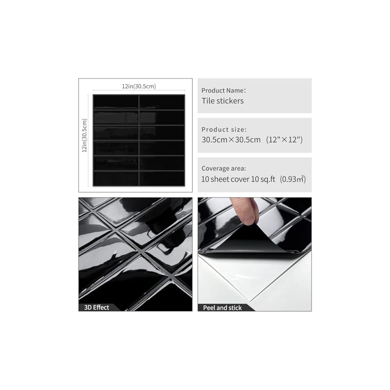 DEWOO Black Rectangle Peel and Stick Subway Backsplash Self Adhesive