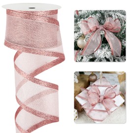 LIZLOVESS Rose Gold Christmas Ribbon Wired 2.5 Inch Metallic Rose Gold Wired Ribbon with Glitter Stripe, Pink Ribbon for Christmas Tree, Wreaths Supplies, Swag, Garland, Holiday Decor - 10 Yards