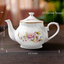 Lynns Porcelain Vintage Teapot with Embossed Swirls 37oz Tea Pot Classic White Tea Set for Parties & Celebrations Ideal Teapot for Tea Cups & Saucers Perfect for Tea Parties - Timeless Rose